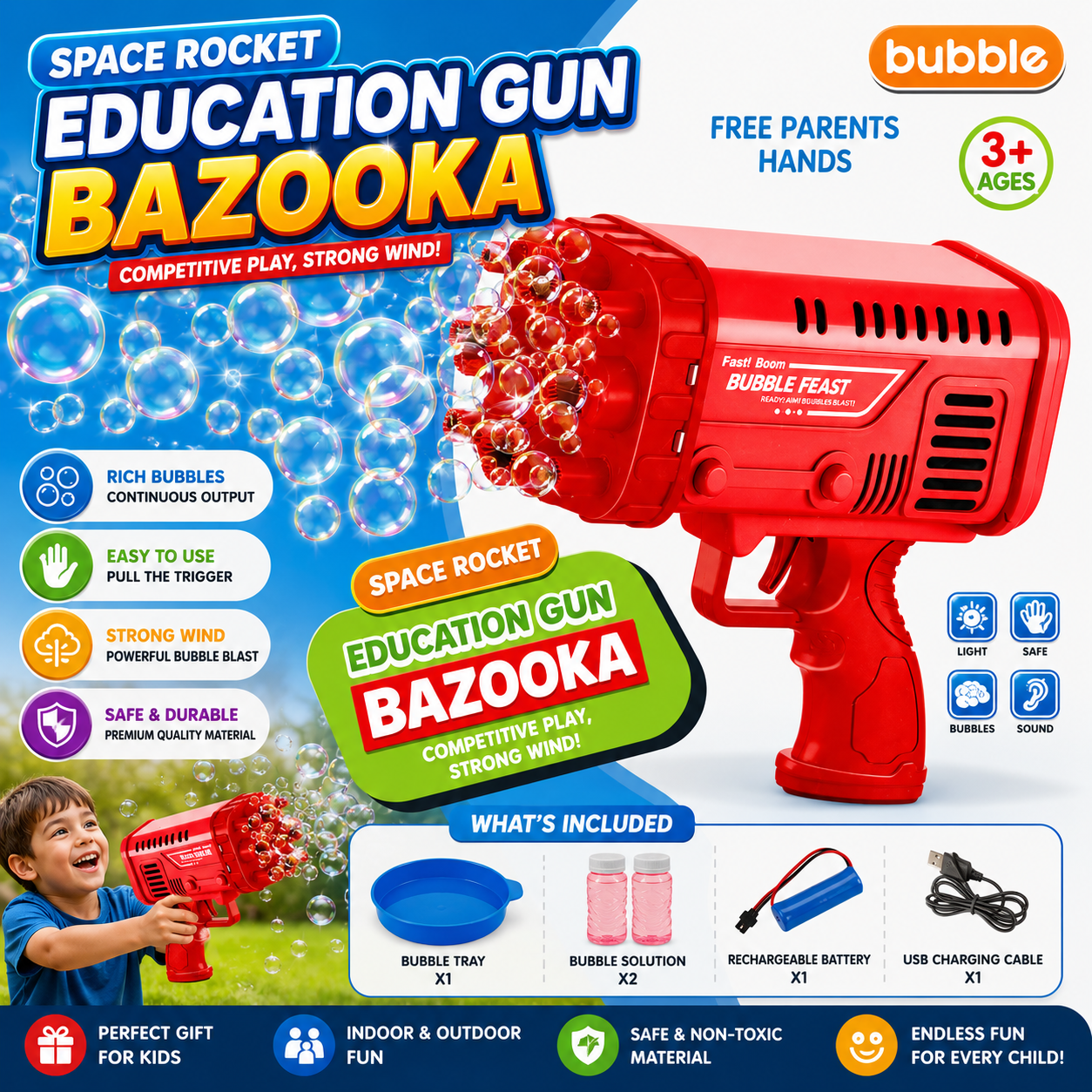 🚀 Space Rocket Bubble Bazooka Gun for Kids | Automatic Bubble Machine Toy (3+ Years)